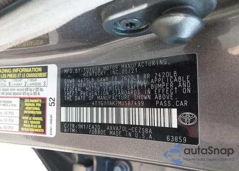 2021 Toyota Camry Se from USA, damaged, VIN 4T1G11AK7MU587499